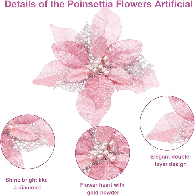 24 Pcs Christmas Poinsettia Flowers Artificial with Clips, 5.9" Christmas Decor Glitter Poinsettia Flowers for Christmas Tree New Year Wedding Party Wreath DIY Garland Decor (Pink)