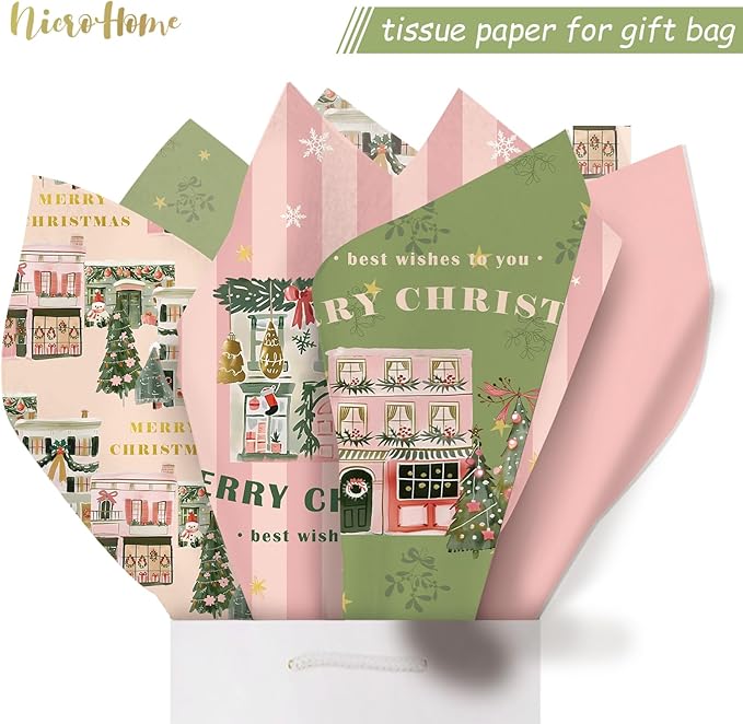 NICROHOME EUR 24 Sheets Christmas Tissue Paper, Sage Green Pink Tissue Wrapping Paper with Christmas Tree House Snowman Socks Pattern, Small Gifts Wrapping Paper for Xmas Crafts Gifts (15 X 20 Inch)