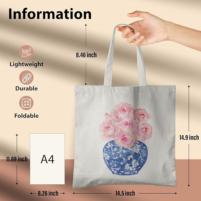 Blue and White Chinoiserie Prints Canvas Tote Bag for Women, Reusable Folding Shopping Bags with Handles