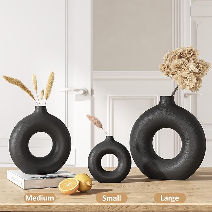 Minimalist Black Donut Ceramic Vase-9 Inch Boho Hollow Flower Vases for Tables Shelves Home Decor, Modern Decorative Circular Vase for Pampas Grass, Dried Flowers, Living Room, Farmhouse
