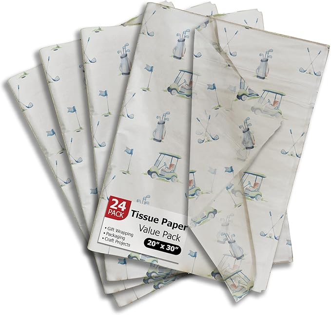 Pro Supply Global Golfing Printed Tissue Paper for Gift Bags or Boxes and Wrapping - Golf Bulk Decorative Art Tissue Paper for Packaging and Gifting | 24 Sheets 20" x 30"