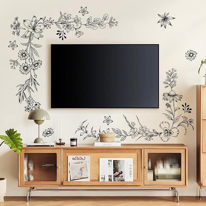 Tanlaby Sketch Black Flower Wall Decals, Garden Floral Wall Stickers Retro Wildflower Decal Peel and Stick Walll Art Decor for Bedroom Office Sofa TV Backdrop