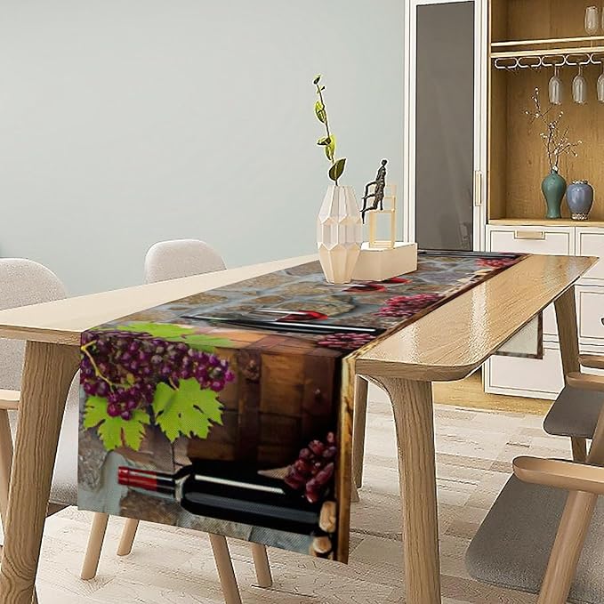 Red Wine Table Runner Wine Grape Alcohol Fruit Vintage Barrel Dinner Runner for Farmhouse Cabin Home Kitchen Dining Holiday Wedding Party Dining Decor 13x70in