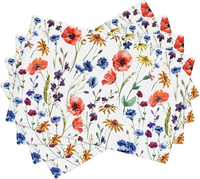 Placemats 4 pcs Watercolor Flower Double-Layer Imitation Linen Place Mats Non-Slip Heat-Resistant Tablemats for Home Restaurant Hotel 18×12 Inch
