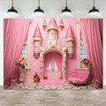 15x8ft Pink Castle Backdrop Room Door Curtain Photography Background Flowers Vases Sofa Princess Girl Birthday Banner Decorations Newborn Baby Shower Wedding Party Portrait Photo Booth Prop
