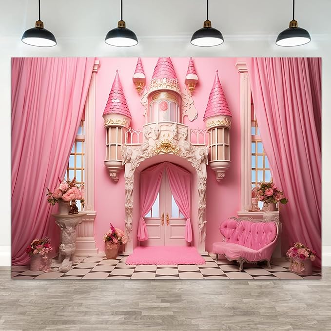 15x8ft Pink Castle Backdrop Room Door Curtain Photography Background Flowers Vases Sofa Princess Girl Birthday Banner Decorations Newborn Baby Shower Wedding Party Portrait Photo Booth Prop