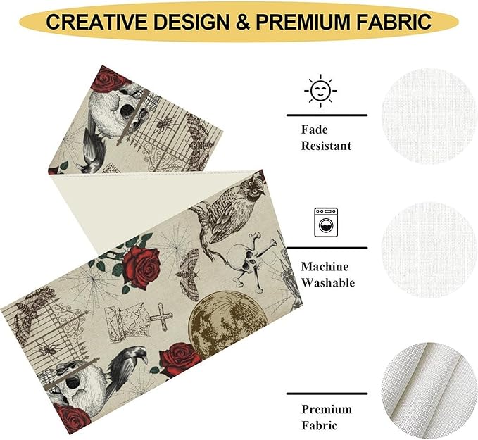Gothic Floral Table Runner, Retro Dark Skull Crow Vintage Flower Halloween Pumpkin Witchy Coffee Table Center Decor for Home Kitchen Dining Patio Holiday Party Table Decorations 13x108 inches