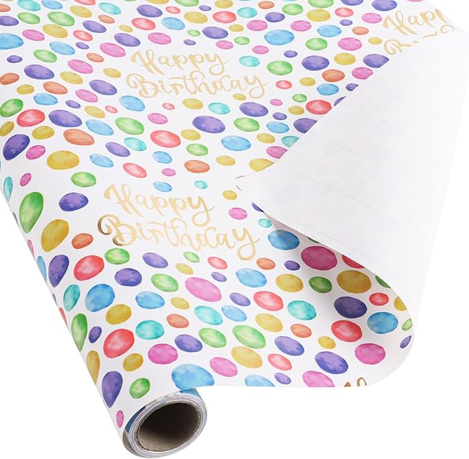KIMOBER Birthday Wrapping Paper Roll,Colourful Paper with polka dot Gold Happy Birthday and Cut Lines on Reverse(17in×33ft Roll)