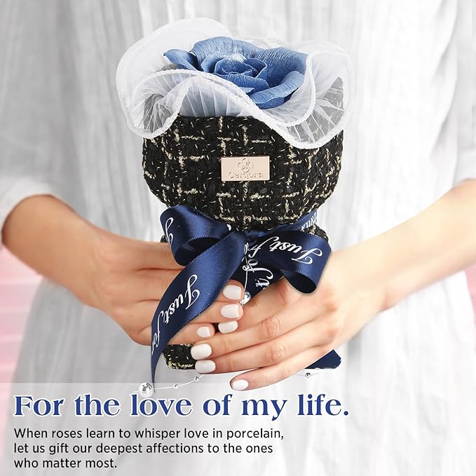 Ceramic Preserved Rose Bouquet, Blue Eternal Flower Handmade Ceramic Craft Art with Fragrance Expansion Function, Birthday/Anniversary/Valentine's Day Luxury Gift Box for Women, Mom, Wife,Her