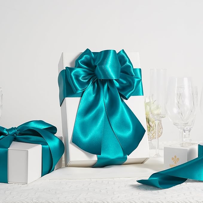 MEEDEE Peacock Satin Ribbon Lux Double Faced Satin Ribbon 3 Inch Peacock Ribbons by 10 Yards Turquoise Blue Ribbons for Christmas Tree Decoration, Weddings, Flower Bouquet, Bow Making
