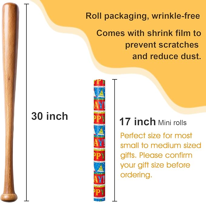 Afucus Reversible Birthday Wrapping Paper, Colorful Birthday Hats and Stripes Themed Gift Wrapping Paper, Cute Mini Rolls for Boys Girls Kids Men and Women, Party, Baby Shower (17 Inch X 33 Feet)
