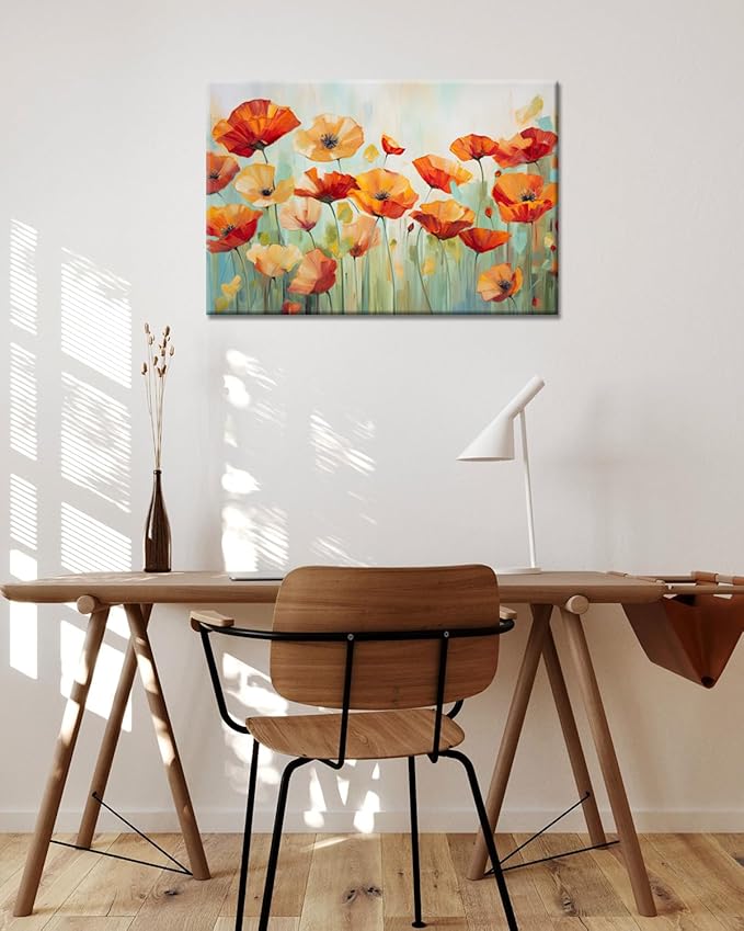 GLOKAKA Vibrant Poppies Wall Art Floral Red and Orange Watercolor Poppy Flower Painting Print Canvas Artwork For Living Room Bathroom Dinning Room Decor (Vibrant Poppies, 30"x20")
