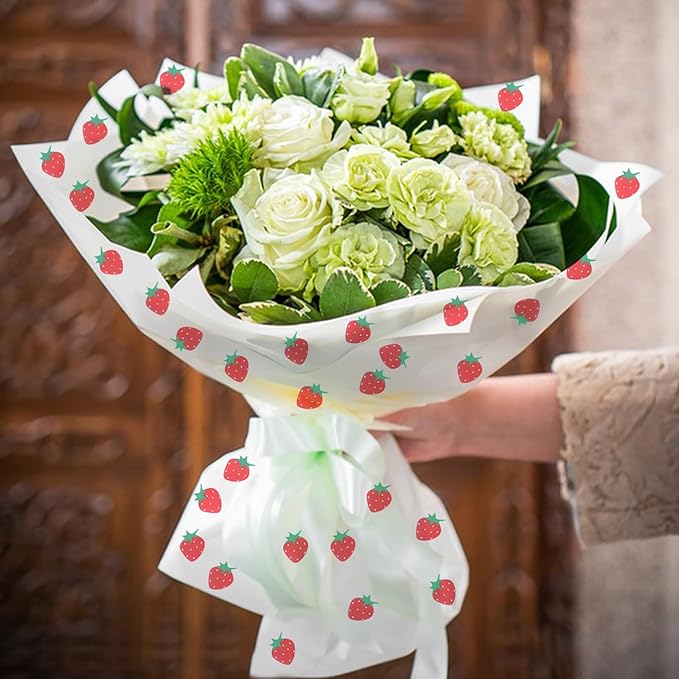 HLTOO 20 Sheets Flower Wrapping Paper, Bouquet Floral Packaging Paper with Strawberry Pattern, for Wedding, Party, Mother's Day, Birthday, and DIY Craft Florist Supplies (White)