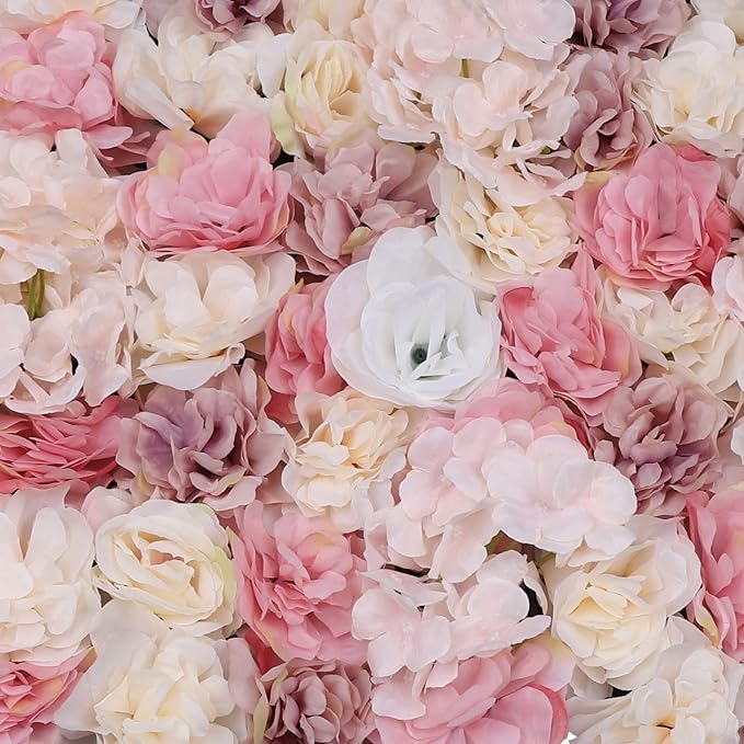 15.74"x 23.62" Artificial Flower Wall Panels,Flower Wall Mat Silk Flower Panels for Outdoor Garden Backyard Fence Fence Privacy Screen and Indoor Wall Decor (12Pcs Pink+White)