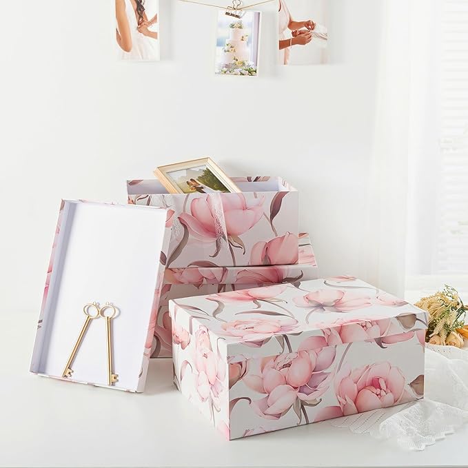 Soul & Lane Decorative Cardboard Storage Boxes with Lids for Home Decor and Organization, Set of 3 Large Keepsake Boxes for Memories & Gifts, Nesting Floral Photo Storage Containers, Peonies Paradise