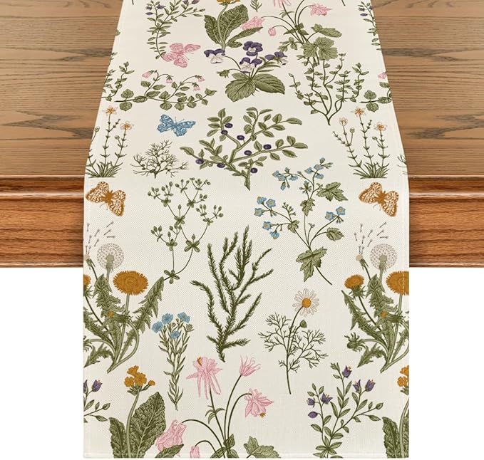Artoid Mode Wildflowers Floral Spring Table Runner, Butterfly Seasonal Summer Kitchen Dining Table Decoration for Home Party Decor 13x48 Inch