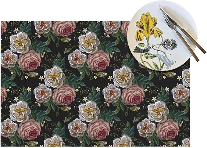 Placemats Set of 4 PVC Woven Place Mats Heat Resistant Easy to Clean for Indoor Outdoor Party Kitchen Dining Table Decoration 12"x18",Embroidered Rose Pattern