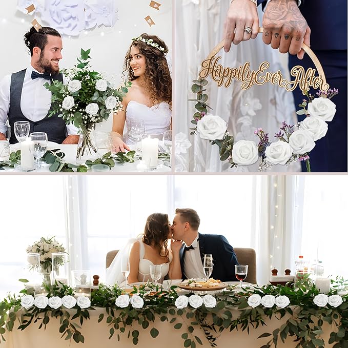 Artificial Flowers 50PCS White Roses Real Looking Foam Fake Roses with Leaves and for DIY Wedding Bouquets Bridal Shower Centerpieces Party Decorations (White)