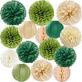 Sage Green Paper Flowers Tissue Pom Poms Honeycomb Lanterns 15pcs Party Decorations Boho Birthday Wedding Baby Bridal Shower Neutral Bachelorette Graduation Safari Hanging Supplies Mprocherify