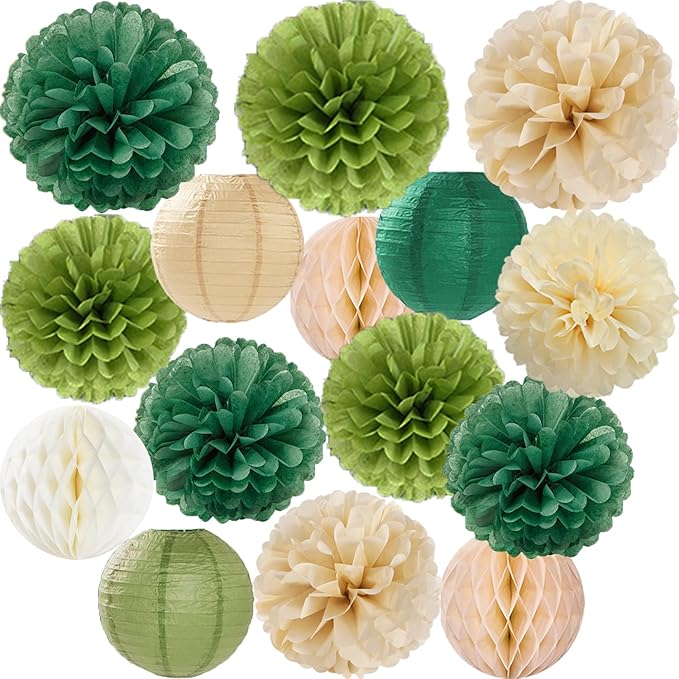 Sage Green Paper Flowers Tissue Pom Poms Honeycomb Lanterns 15pcs Party Decorations Boho Birthday Wedding Baby Bridal Shower Neutral Bachelorette Graduation Safari Hanging Supplies Mprocherify