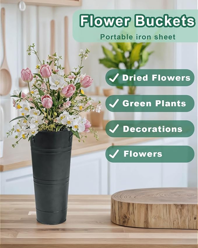 9 Inch Galvanized Metal Vases for Flowers - 6 Pcs Farmhouse Decorative Tall Flower Bucket with Handles, Rustic French Tin Planter Buckets for Wedding Decor (Galvanized Black)