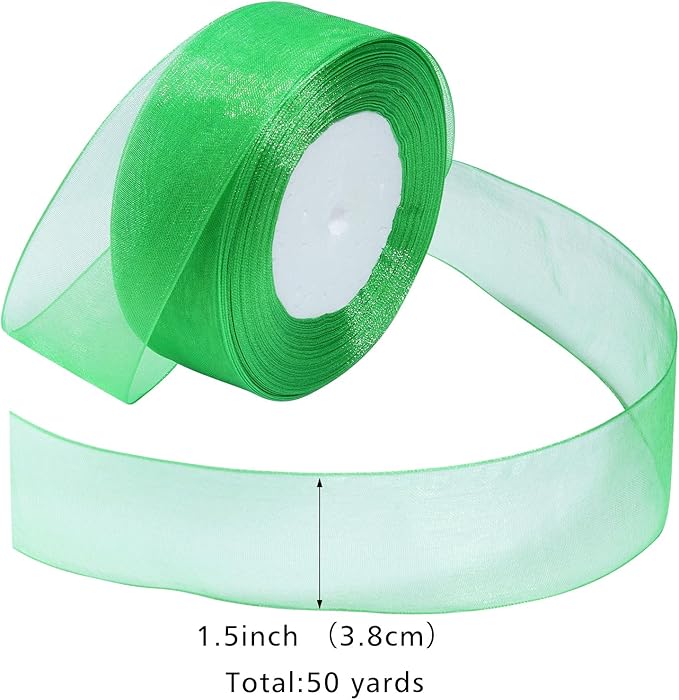 Green Ribbon for Gift Wrapping 1-1/2 inch Sheer Organza Ribbon for Flower Bouquet Tulle Chiffon Ribbons for Wedding Invitations Christmas Decorations Crafts 50 Yards