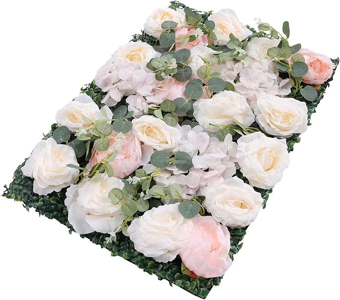 Flower Wall Backdrop, 6 Pcs Flower Wall Panels Artificial Floral Wall Background for Wall Decoration in Wedding Sites, Birthday Parties 24 x 16 Inch (White + Pink)