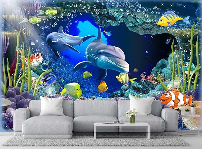 Seabed Flora and Fauna Patterns, Dolphins and sea Fish Free Swimming Wallpaper, Large Art Wall murals (Non-self-Adhesive)