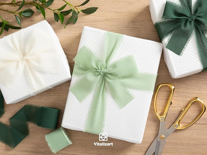 Vitalizart Sage Green Handmade Chiffon Silk Ribbon Fringe 3 Rolls 1.5" x 21 Yd Frayed Edges Ribbons for Wedding Invitations Bridal Bouquets Gifts Wrapping Crafts Holiday Decor