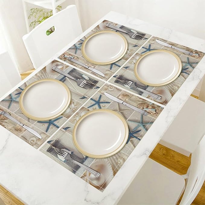 Nautical Themed Placemats Coastal Lighthouse Starfish Collage Plaid Art Printed Dining Table Mats Set of 4 for Restaurant Home Kitchen Holiday Picnic Party Decor 12x18in