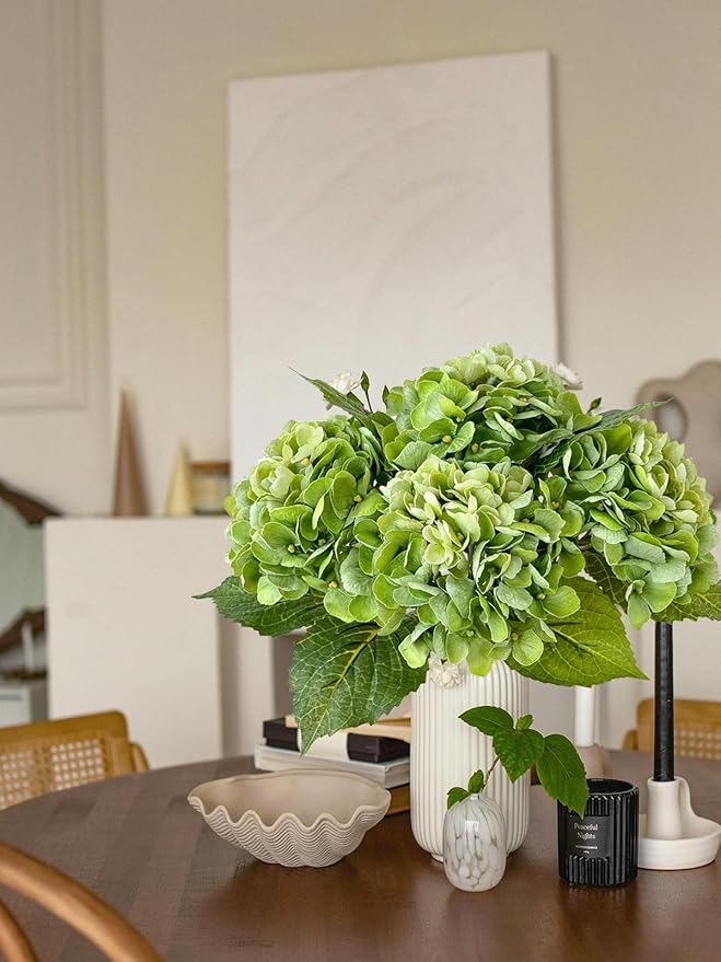 4 Pcs Real Touch Green Hydrangeas Artificial Hydrangeas Flowers 21'' Real-Looking Faux Latex Hydrangea for Kitchen Living Room Porch Home Decor Baby Shower Party Table Centerpiece