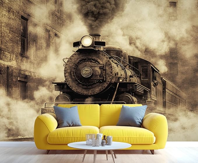 Vintage Steam Train Wall Mural, Industrial Train Engine 3D Wall Murals, Retro Railway Steam Engine Wallpaper Mural, for Living Room Bedroom Large Wallpaper Indoor Decor 169.3" W x118.2 H