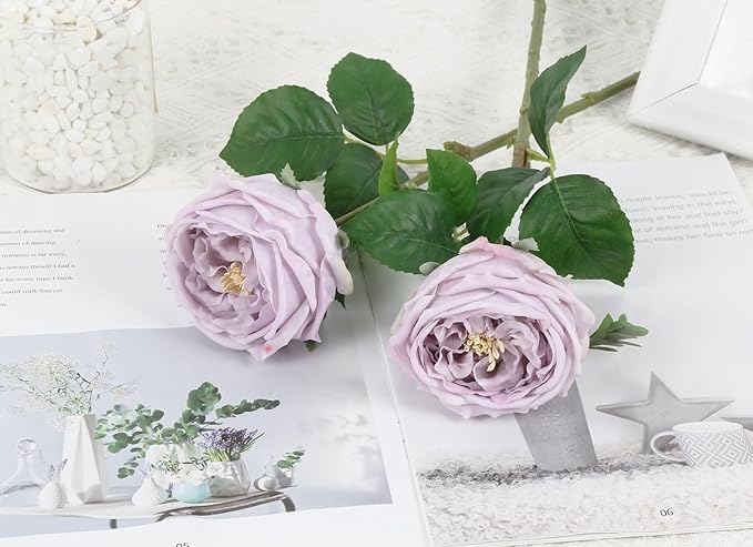 IPOPU 5PCS Light Purple Roses Artificial Flowers Real Touch Peonies with Stem for Wedding Bouquet Party Home Decor (Light Purple)