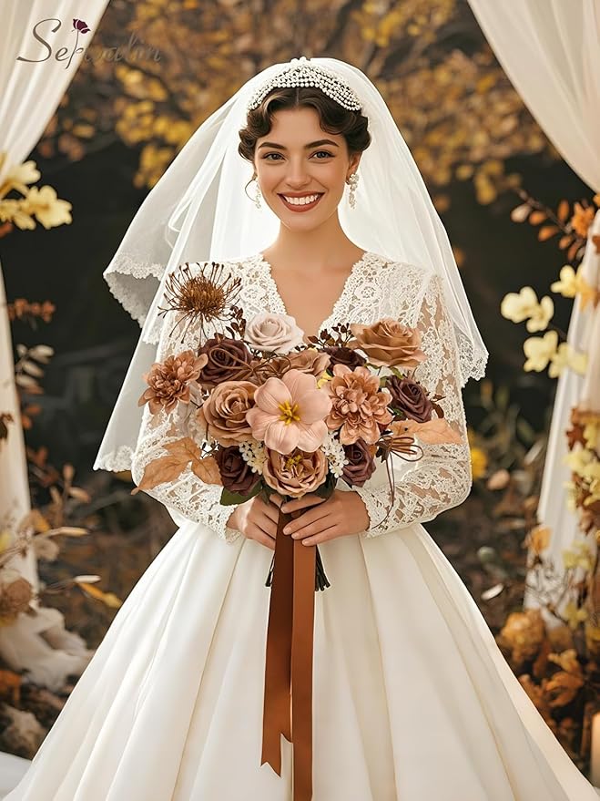 Serwalin Artificial Flowers,Brown & Apricot Fake Silk Flowers for DIY Wedding Bouquets Bridal Shower Centerpieces Floral Arrangements Party Tables Home Decorations