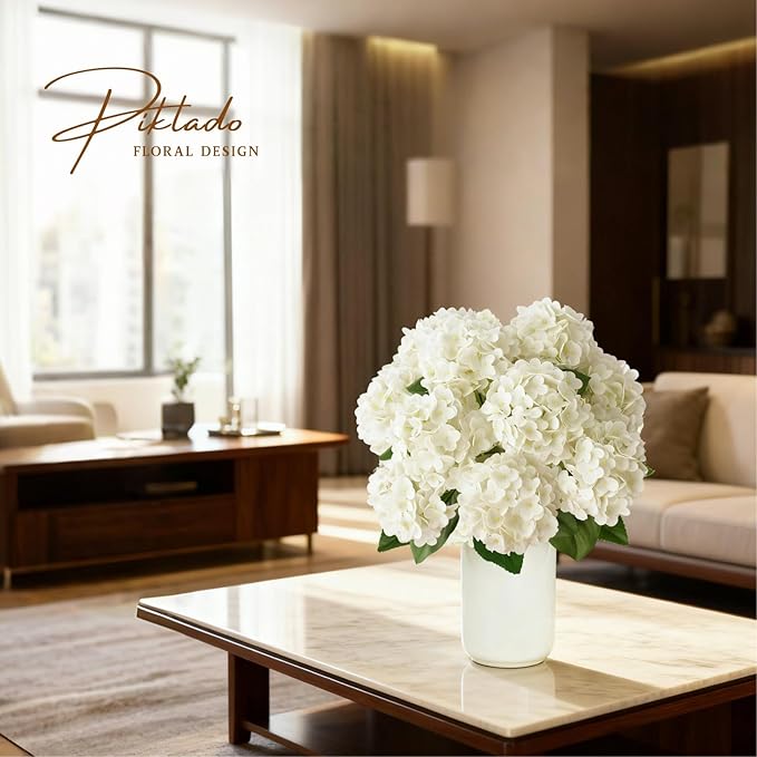 2 Bunchs 21in.White Real Touch Hydrangea Artificial Flowers,with 10pcs Flower Heads 20pcs Green Leaves. Faux Hydrangea Flowers. for Home Office Decor Wedding Party Arrangements (2, White)