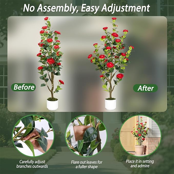 Artificial Camellia Tree 4FT – Nearly Natural Faux Plants Indoor, with Easy Assembly, Low Maintenance, Ideal for Both Indoor Decoration and Other Purposes，Perfect Porch Christmas Trees (Red 4ft x2)