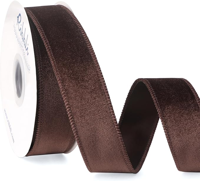 Ribbli Dark Brown Velvet Wired Ribbon 1.5 Inch Velvet with Satin Christmas Ribbon for Gift Wrapping Christmas Tree Decoration Crafts Wreaths Supplies-Continuous 10 Yards