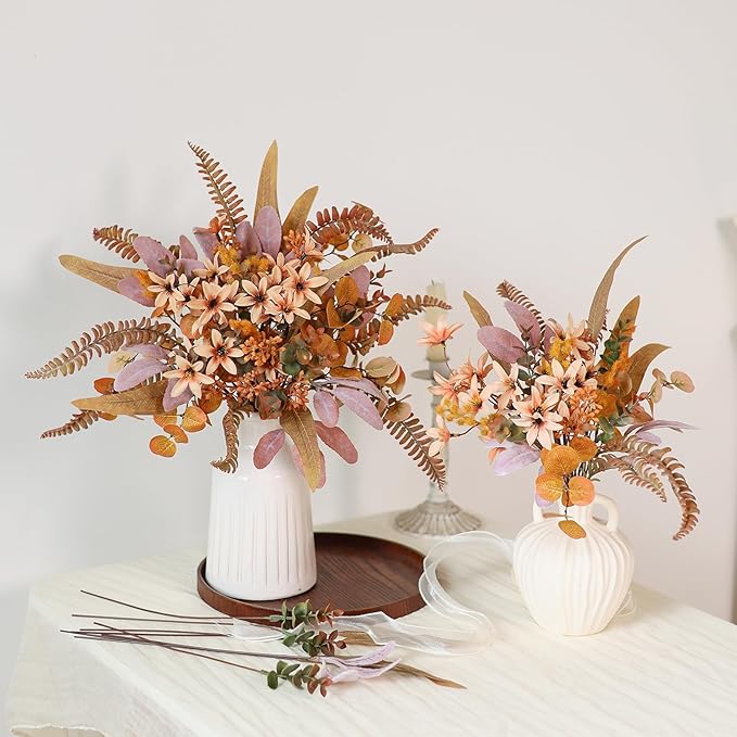 FOTEEWL 75 Pcs Artificial Greenery Stems Box Set,with 8 Kinds of Faux Plants and Fake Flowers for DIY Bridal Bouquets Wedding Floral Arrangement Table Centerpieces Fall Decoration (Orange)