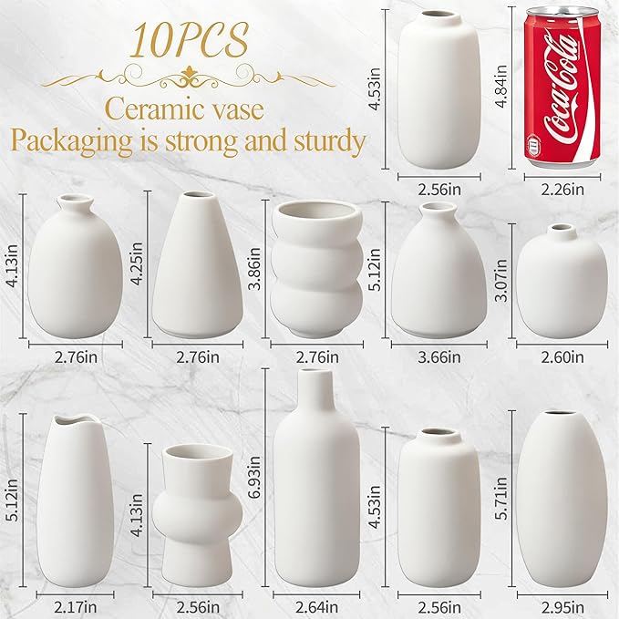 White Vases Set of 10, Small Ceramic Flower Vases Bulk Bud Vases for Wedding Table Centerpieces Decor Pampas Grass Modern Boho Home Party Decor DIY Gift