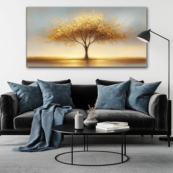 LAVIKARS Modern Tree of Life Wall Art for Living Room Office Golden Sunset Abstract Landscape Canvas Painting Prints Large Nature Artwork Home Kitchen Bedroom Decor (16x30 Inches)