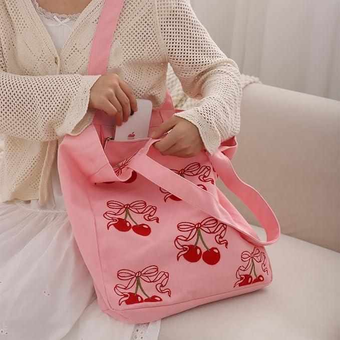 Aesthetic Embroidery Tote Bag for Lady Cute Reusable Canvas Shoulder Bag for Girls Women Shopping Grocery