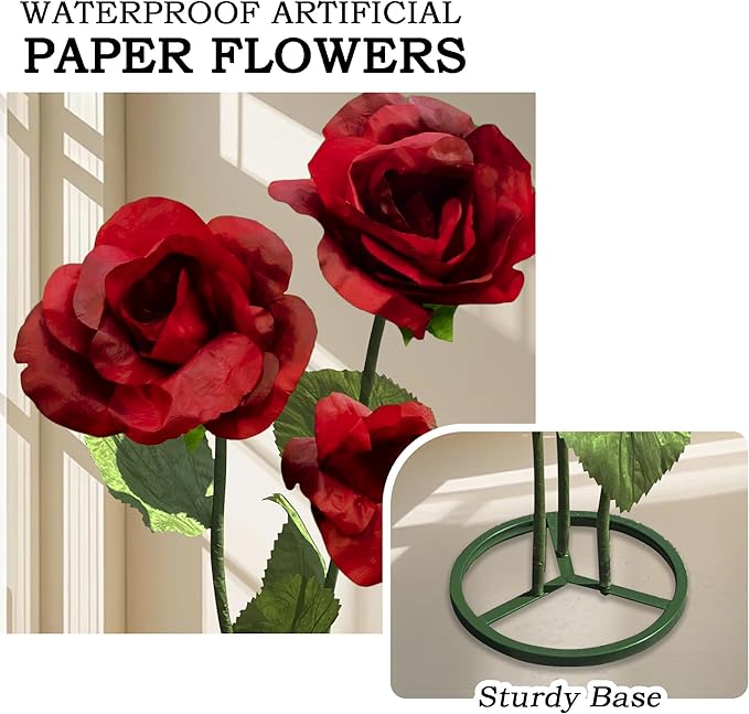 Giant Artificial Flower for Decoration, 3 Pcs Handmade Artificial Rose Flower for Wedding Birthday Easter Party Mother's Day Backdrop Decor Banquet Photography Props Shop Window Display (Red)