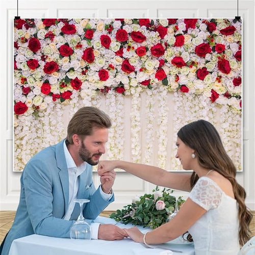 10x6.5ft Flower Wall Wedding Backdrop White Red Rose Romantic Spring Blooming Floral Photo Background for Valentine's Day Bridal Shower Mothers Day Birthday Newborn Decorations Photo Props