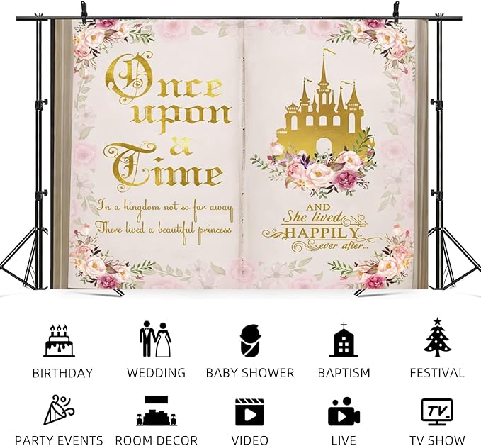 6x4ft Once Upon a Time Backdrop Pink Flower Gold Castle Photography Background Fairy Tale Books Floral Princess Girls Birthday Banner Decorations Fairytale Wedding Portrait Photo Booth Prop