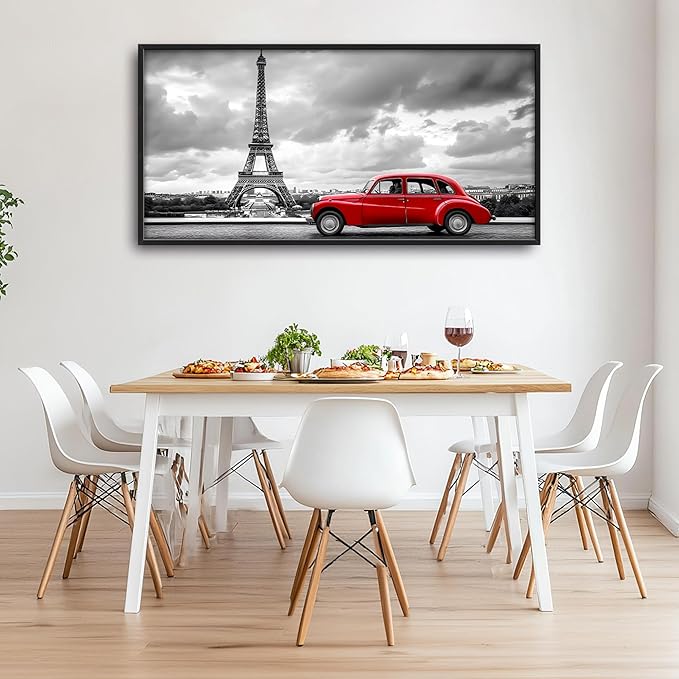 Eiffel Tower Large Wall Art Black and White Framed Red Wall Decor for Living Room Paris City Pictures Oversized Canvas Print Painting Modern Extra Large Framed Artwork for Bedroom Office 60"x30"