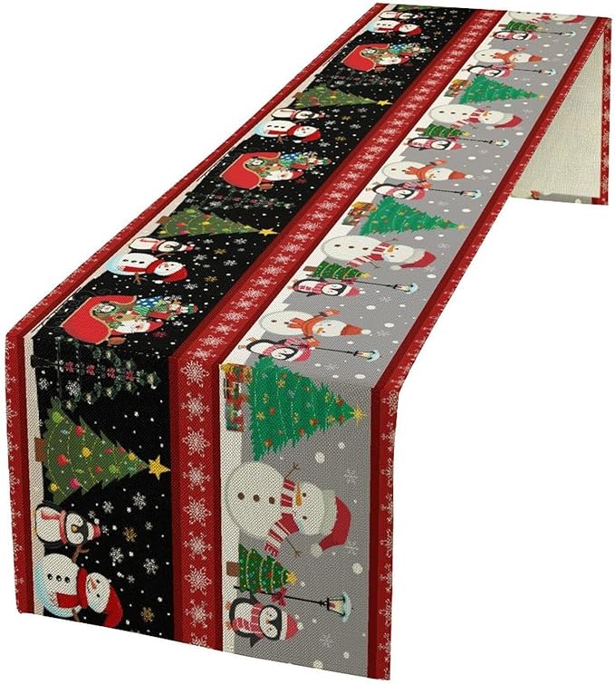 Christmas Table Runner,Cartoon Snowman Tree Xmas Deer Elk Santa Claus Print Tablecloth Burlap for Hotel Indoors Outdoor Dining Room Kitchen Home Decor,W13X L70 in