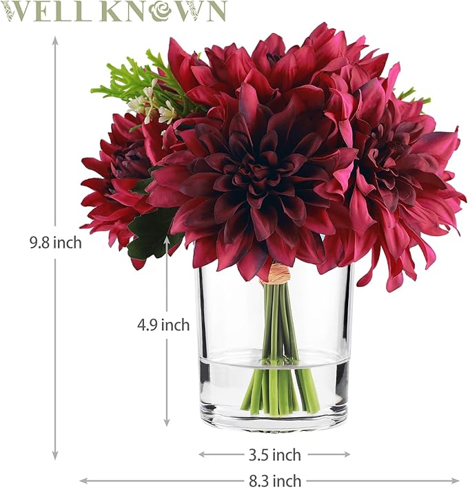 WELL KNOWN Dahlia Artificial Flowers in Vase, Silk Faux Flower Arrangements in Vase with Faux Water for Dining Table Centerpieces, Home Decor, Thanksgiving Christmas Greeting Gift (Fuchsia Red)