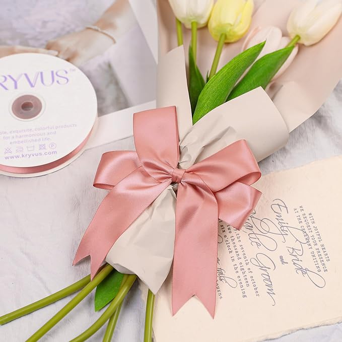Rose Gold Satin Ribbon, Double Faced 1-1/2 Inch X 25 Yards Rose Gold Ribbon, Premium Satin Ribbons for Gift Wrapping, Crafts, Hair Bow Making, Sewing, Flower Bouquet, Wedding Party Decor