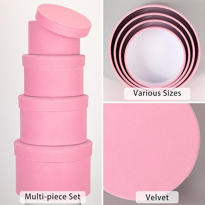 Round Gift Boxes with Lids for Presents Set of 4 Pink Velvet Nesting Gifts Box for Arrangements Flowers Wedding Birthday Valentines Bridesmaid Christmas Party Anniversary