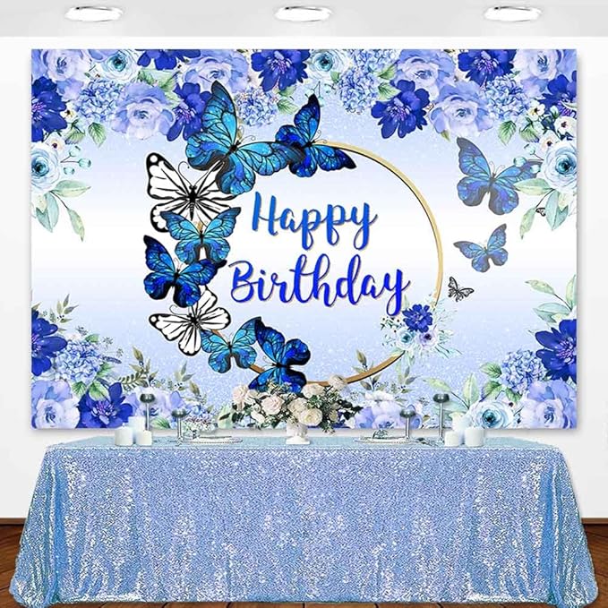 Butterfly Happy Birthday Backdrop Royal Blue Floral Bday Decorations Photography Background Women Blue Flowers Birthday Wishes Party Banner Supplies Photo Booth 10x7ft
